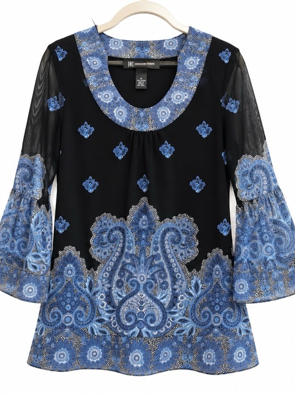 INC International Concepts Black Tunic with Blue Paisley Border